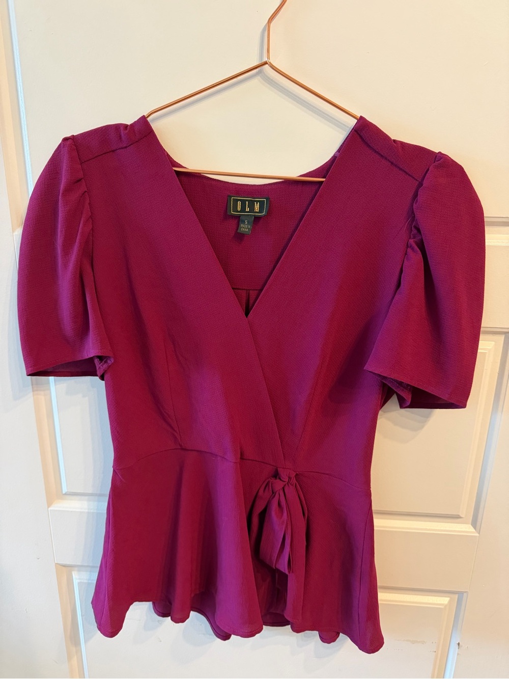 Magenta Wrap-Style Peplum Blouse with Tie Waist